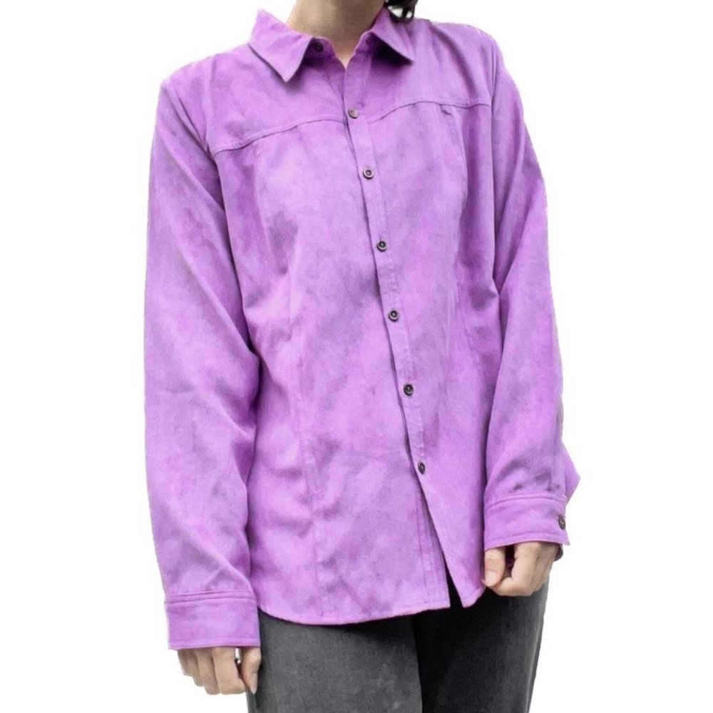 Bright Purple Faux Suede Button Down Long Sleeve Collared Top